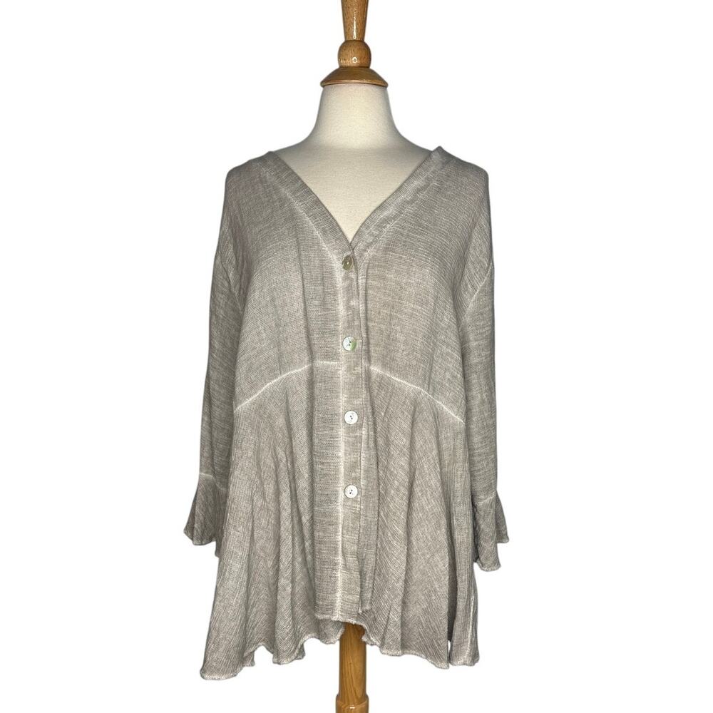 Linen Cotton Blend Flowy Beige Button Front Lagenlook Bell Sleeve Breathable R19